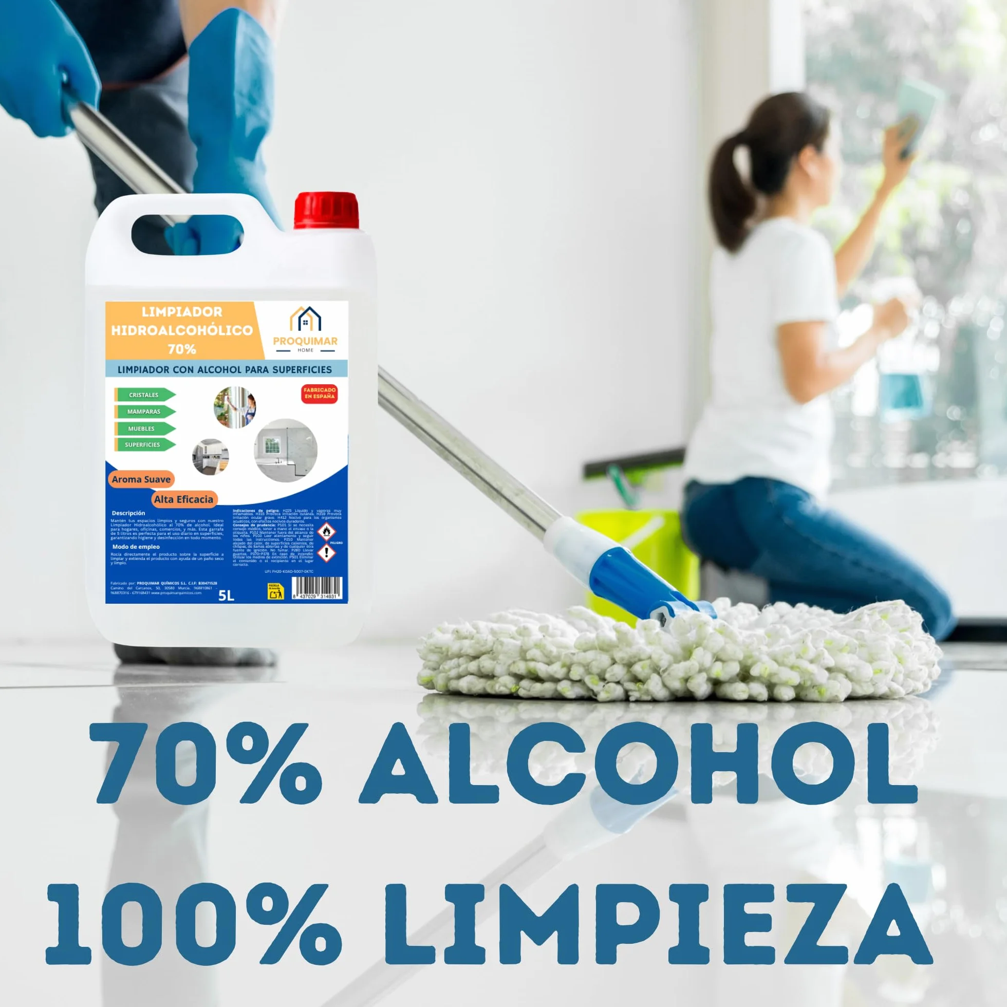 Proquimar | Limpiador Hidroalcohólico 70% Alcohol – Uso profesional y doméstico – Rápida evaporación sin enjuague (5 Litros)