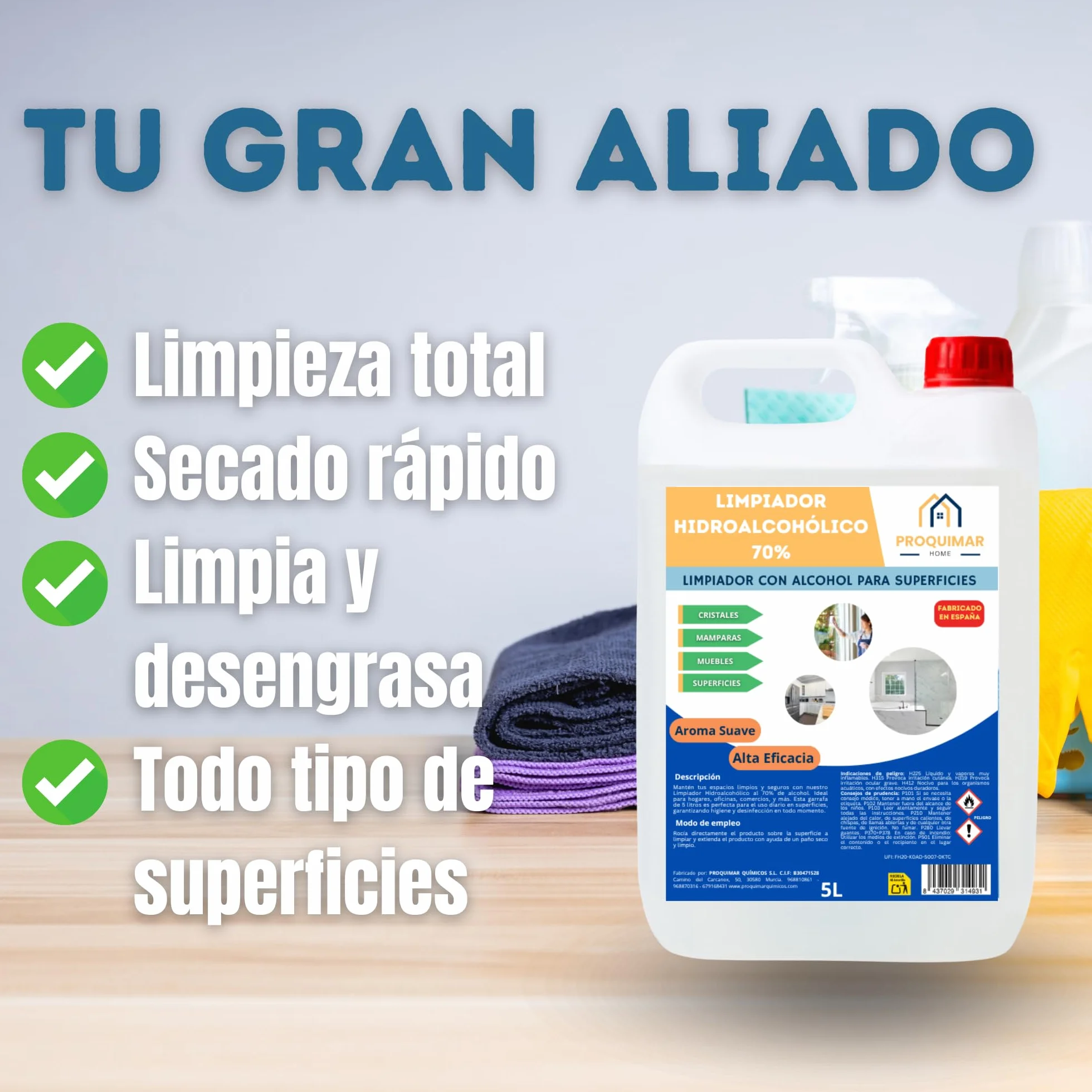 Proquimar | Limpiador Hidroalcohólico 70% Alcohol – Uso profesional y doméstico – Rápida evaporación sin enjuague (5 Litros)