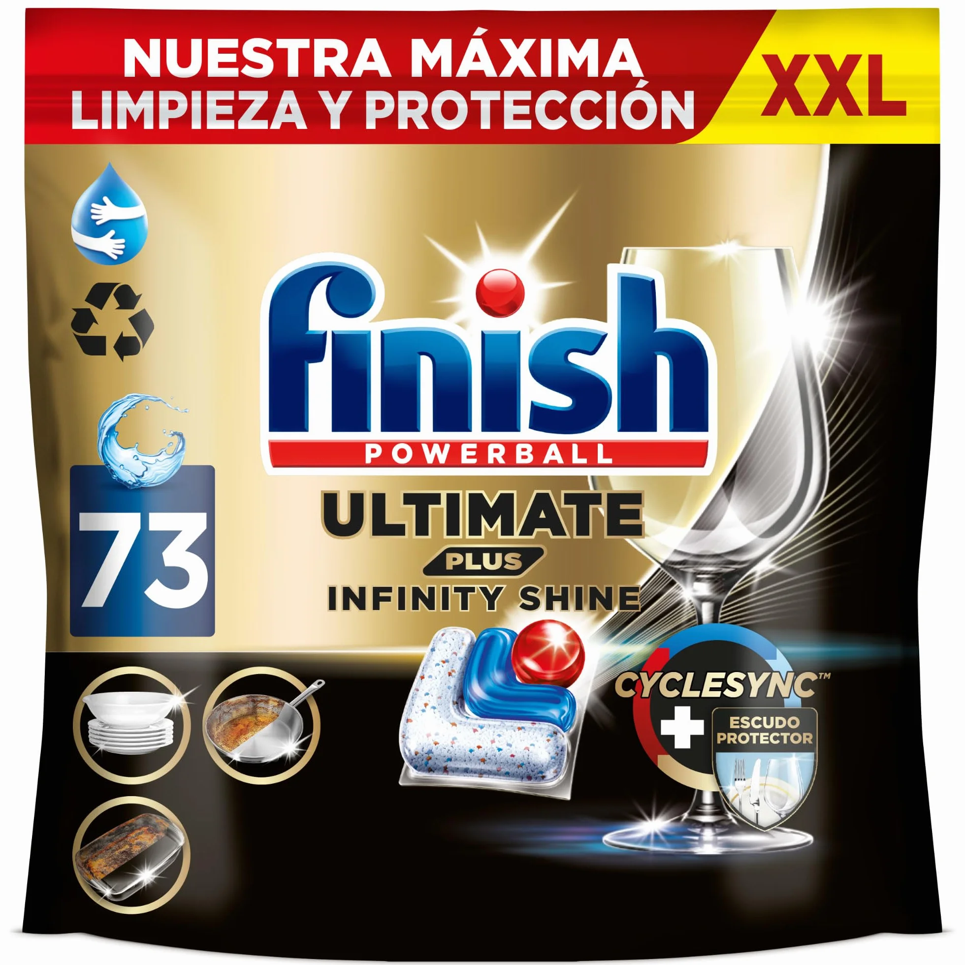 Finish Ultimate Plus Infinity Shine, Pastillas para el Lavavajillas, limpieza y brillo intensivos, y protección del cristal, 73 pastillas