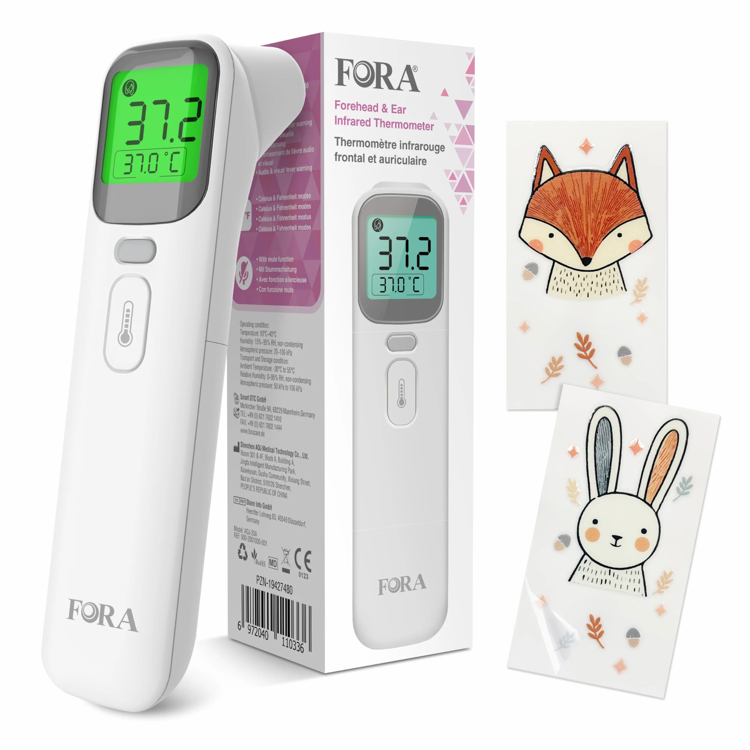 FORA Termómetro aural y frontal digital multifunción con indicador de fiebre, modo silencioso, memoria, pantalla 4 colores