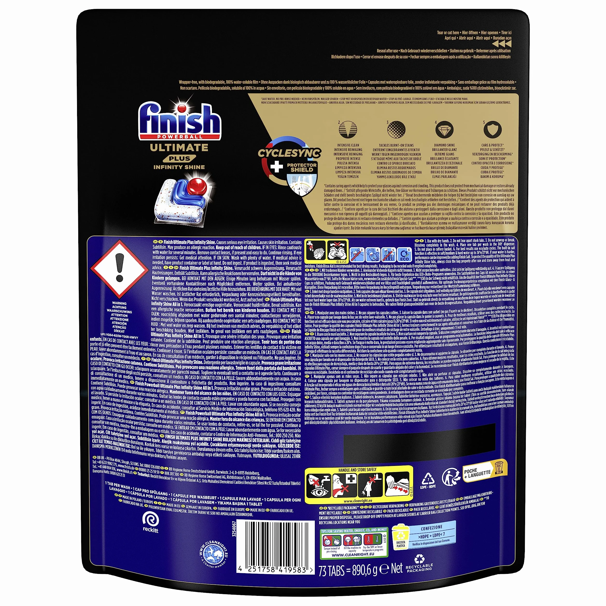 Finish Ultimate Plus Infinity Shine, Pastillas para el Lavavajillas, limpieza y brillo intensivos, y protección del cristal, 73 pastillas